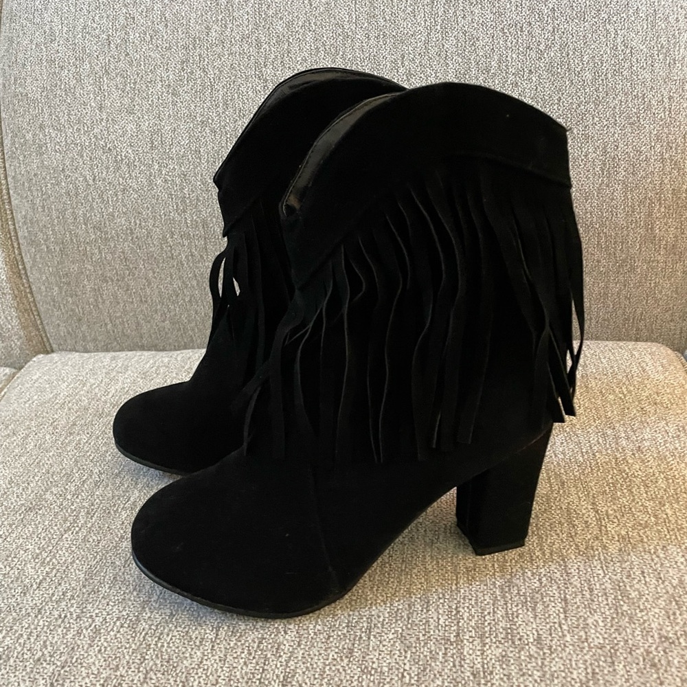 Black Fringe Block Heel Booties.